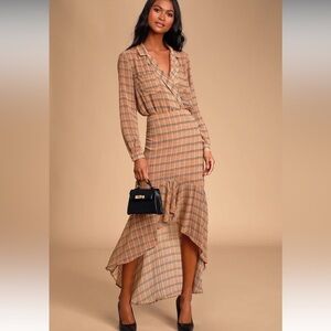 LULUS Professionally Cute Plaid High Low Ruffled Midi Skirt Size Small